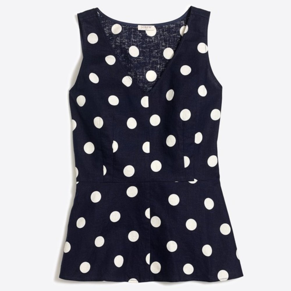 NWOT J.Crew Navy White Polka Dot Peplum Top Size 8